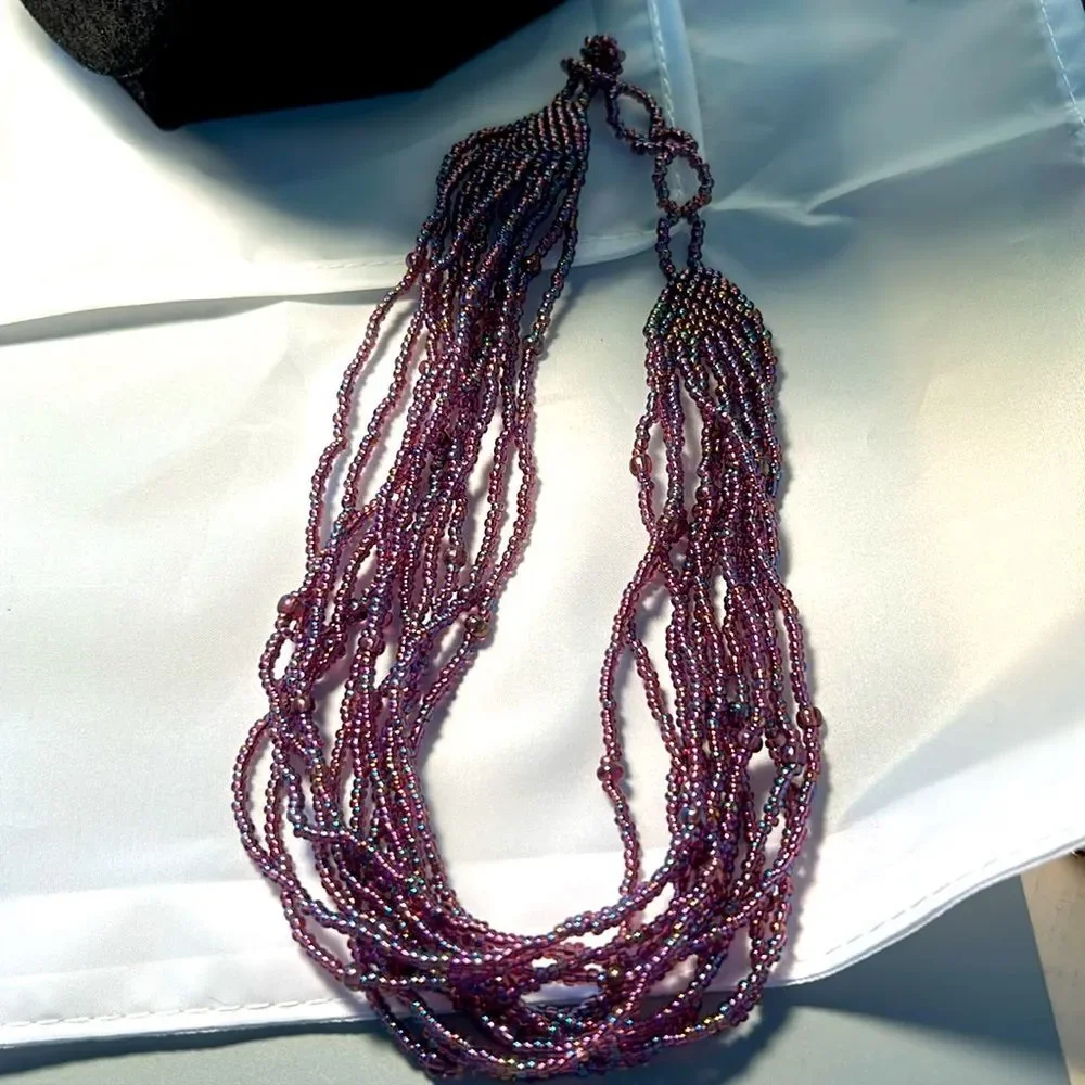 Iridescent purple seed bead 12-strand choker - handmade statement piece